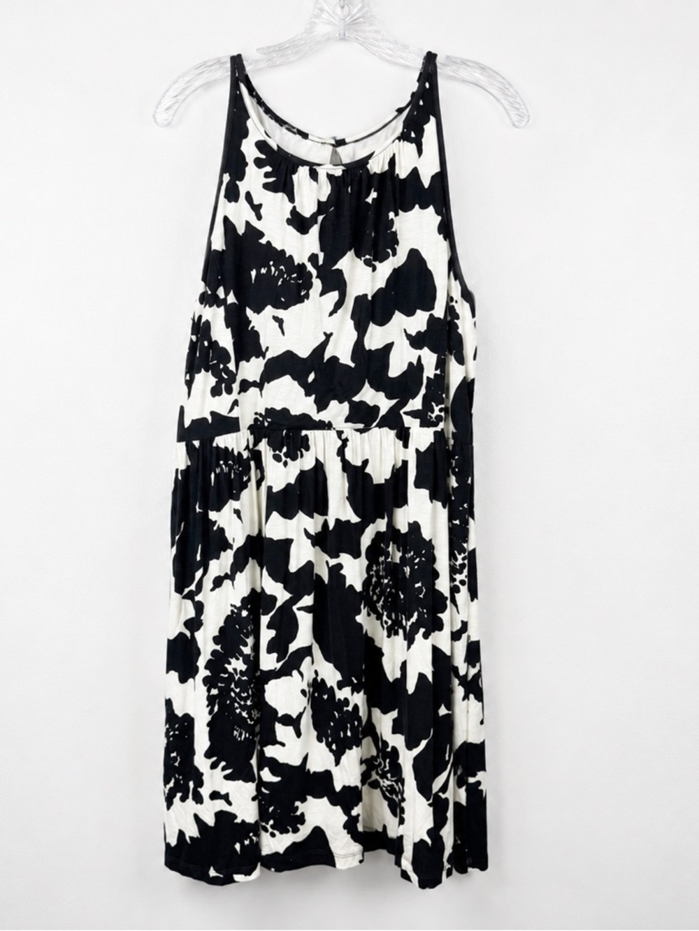 LOFT Floral Swing Dress Black White Sleeveless Knit Shift Dress Large NWT